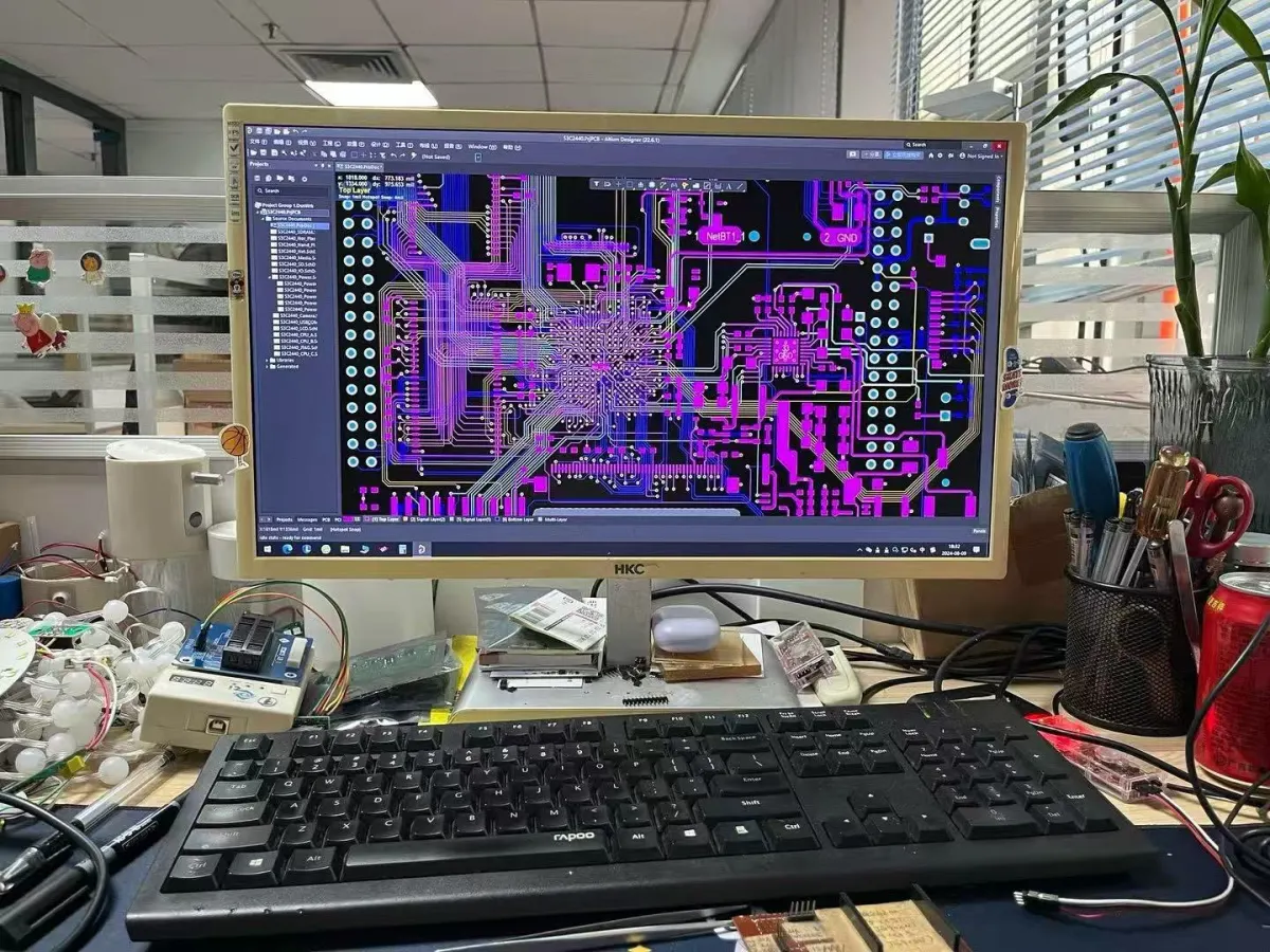 PCB design review workstation showing a multilayer circuit-board layout
