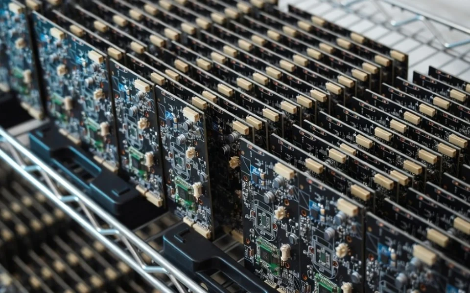 Completed PCB assemblies organized for controlled testing and release