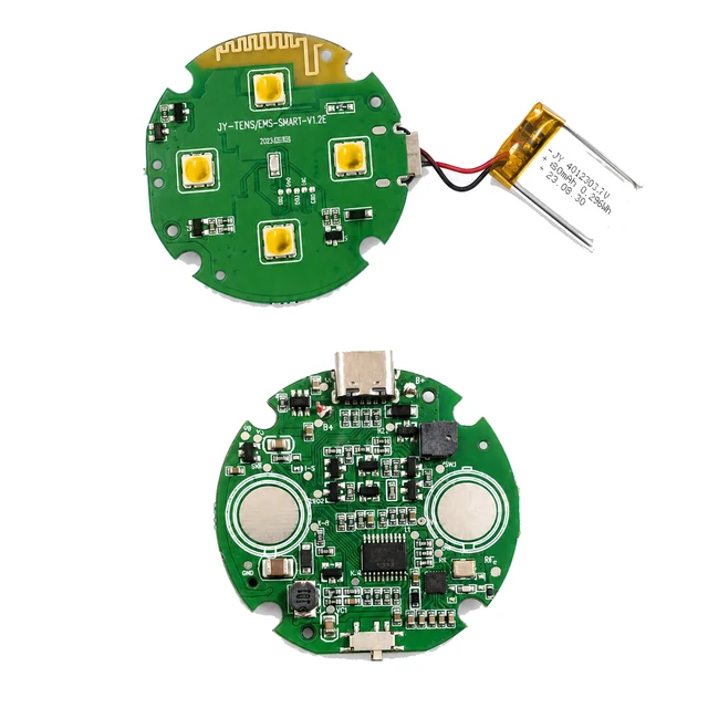Representative wireless stimulation pod PCBA with battery, USB-C, and two electrode contacts