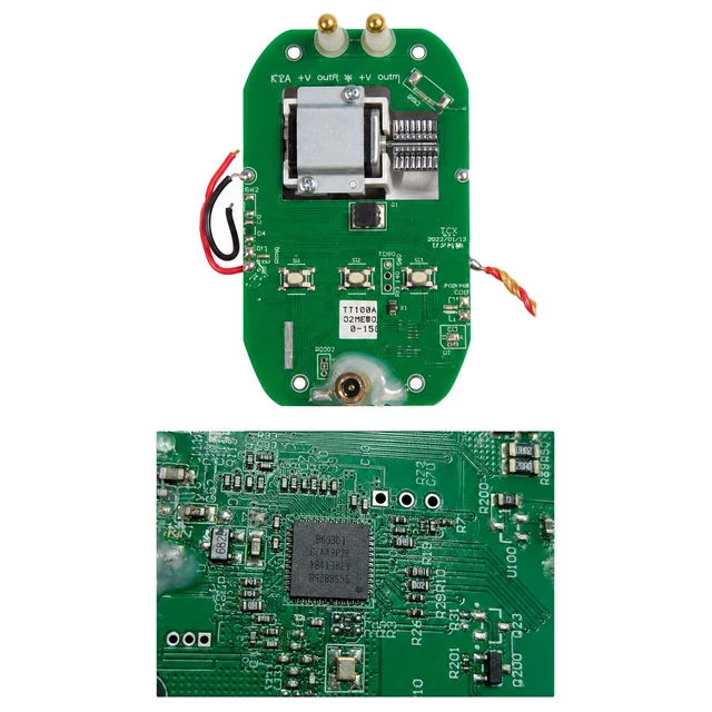 Representative facial massager mainboard with battery, wireless control, electrode posts, and vibration mechanism