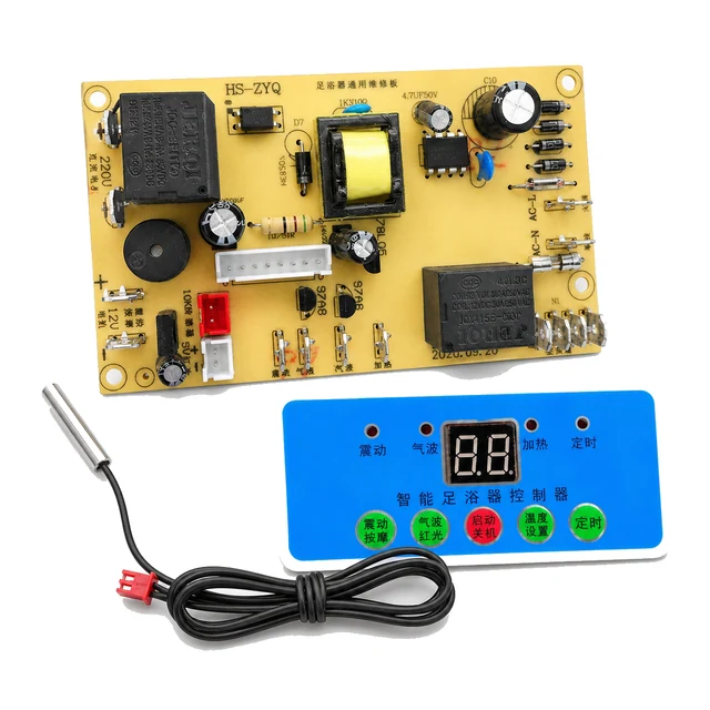 Representative mains power board, display panel, and temperature probe set for a foot spa