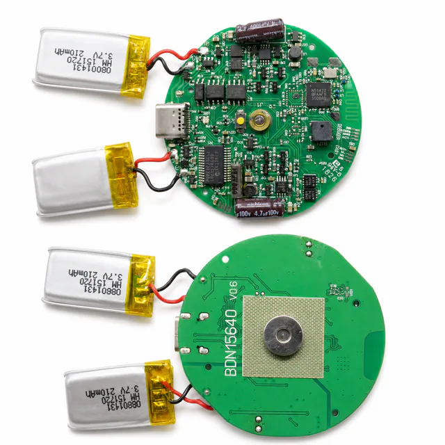 Wearable stimulation controller PCBA shown from both sides