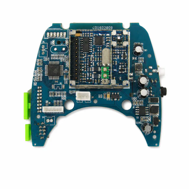 Wireless monitoring transmitter PCBA with radio module and user controls