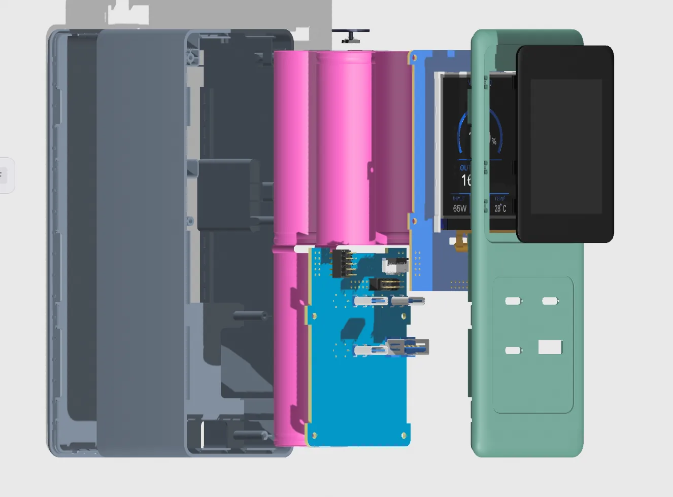 Exploded box build assembly showing enclosure, battery cells, PCB, display, and front housing