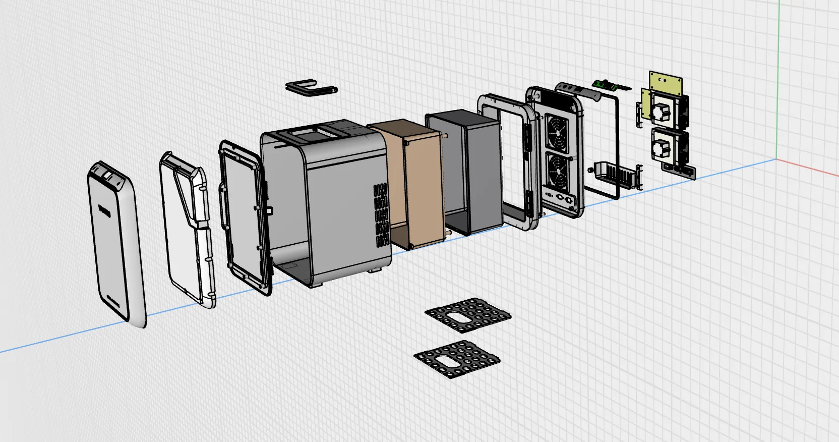 CAD exploded view of the refrigerator project showing the layered mechanical assembly