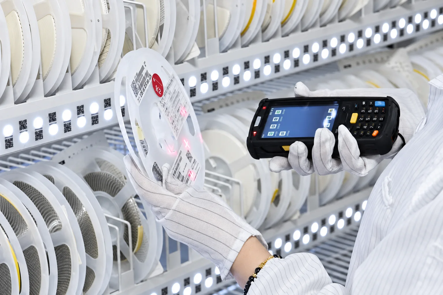 Operator scanning a component reel label