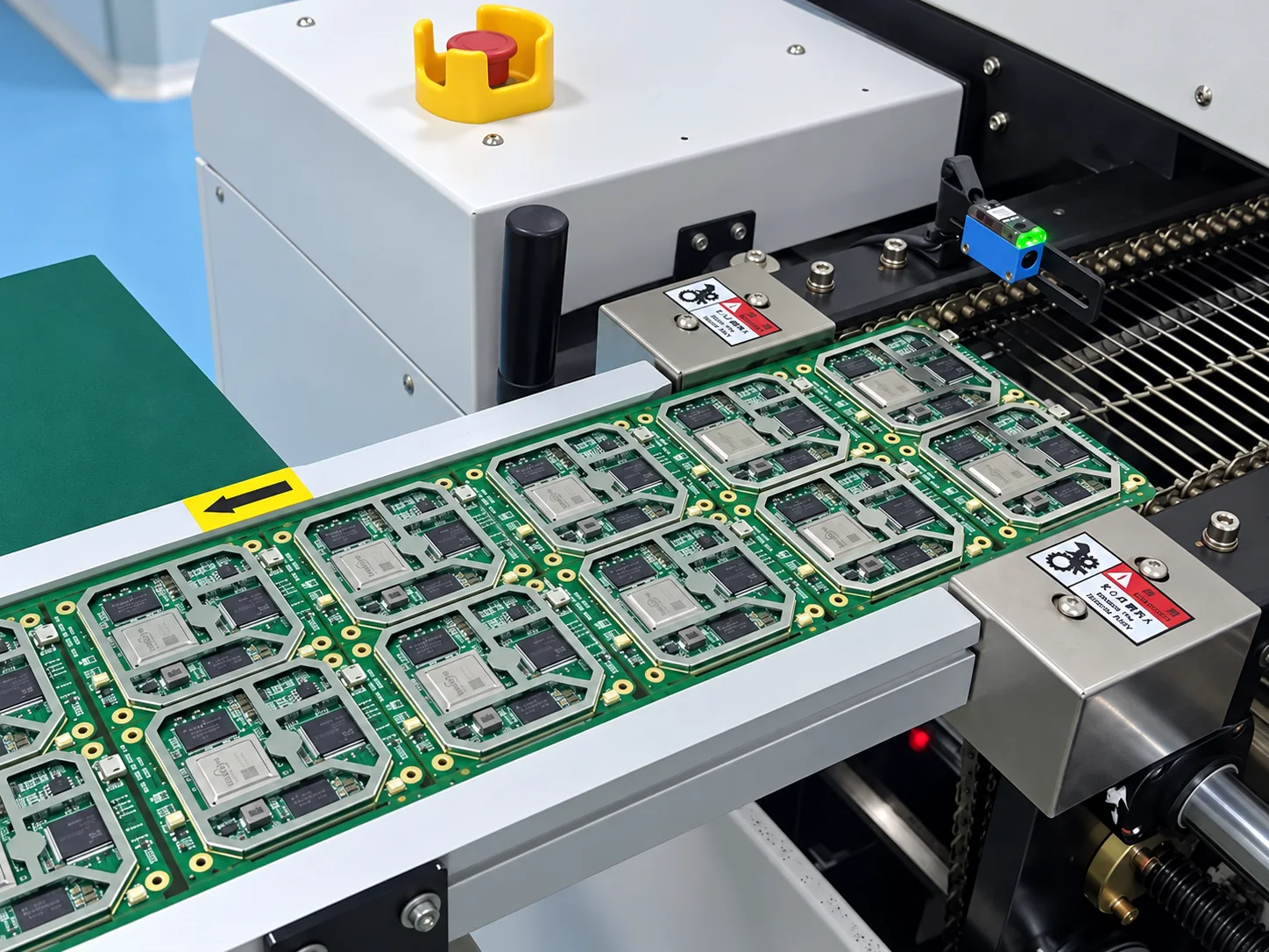 Populated PCB panel on a production conveyor