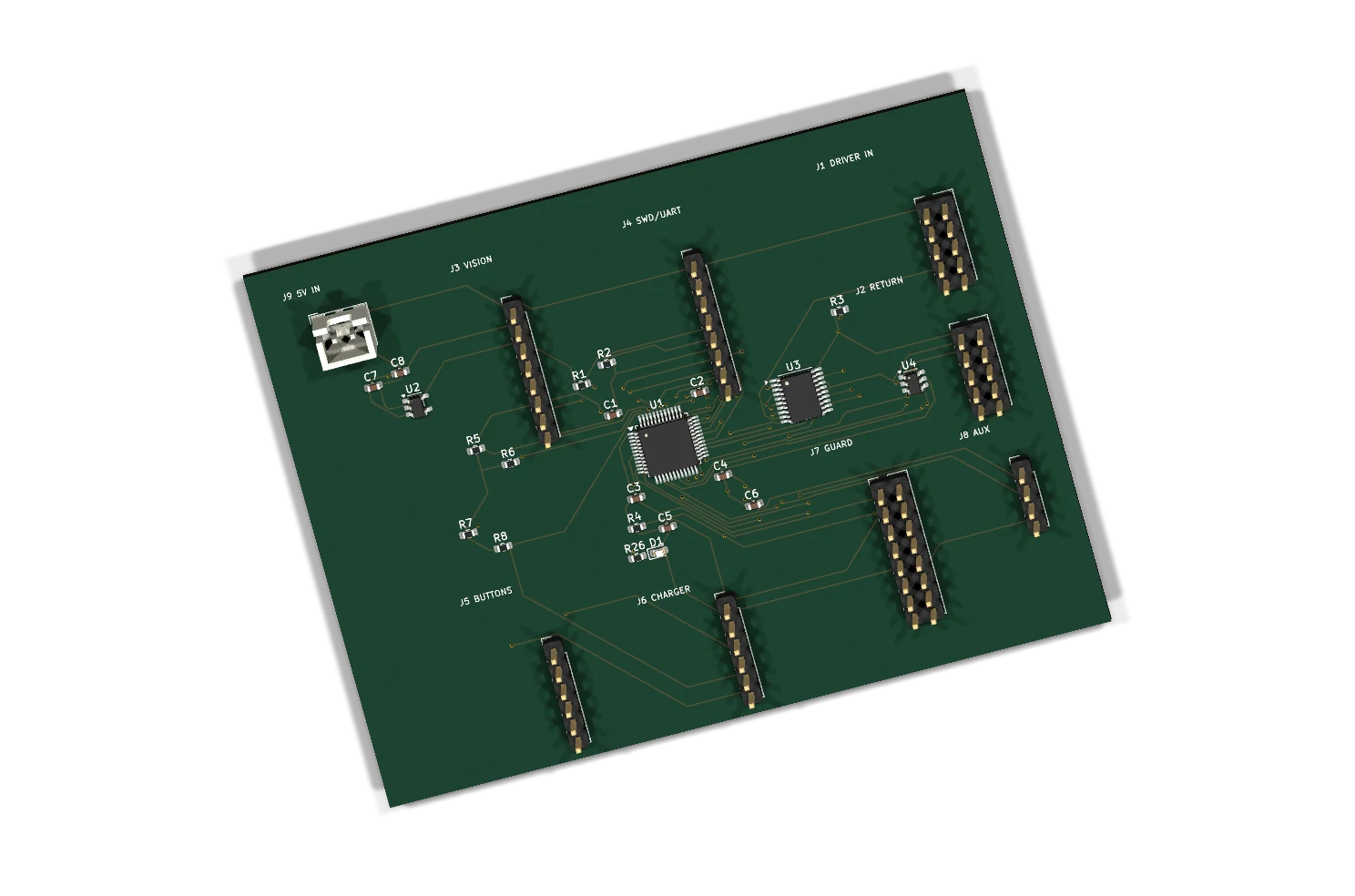 KiCad three-dimensional design view of the nail-lamp STM32 control board and its vision, driver and guard interfaces