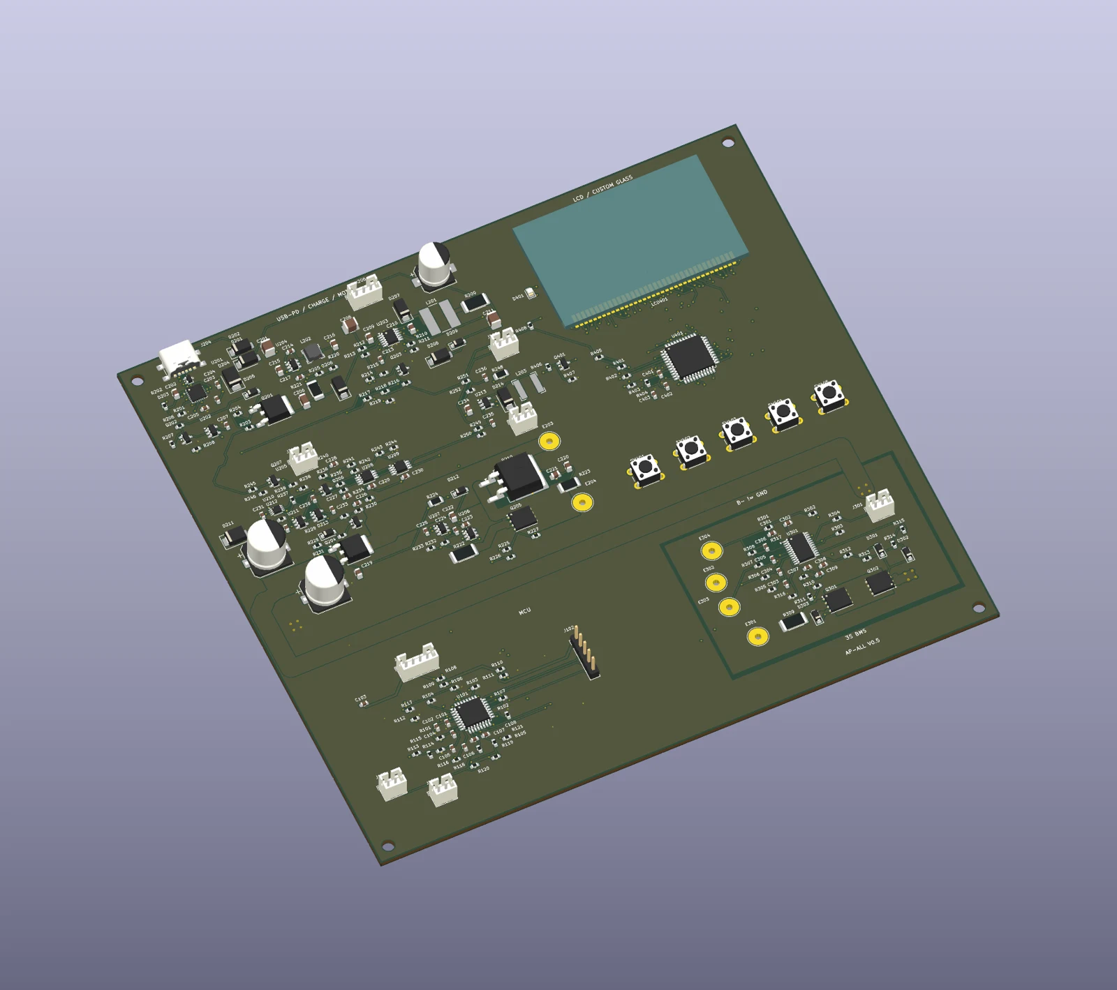 KiCad CAD rendering of the V0.5 rechargeable inflator PCB