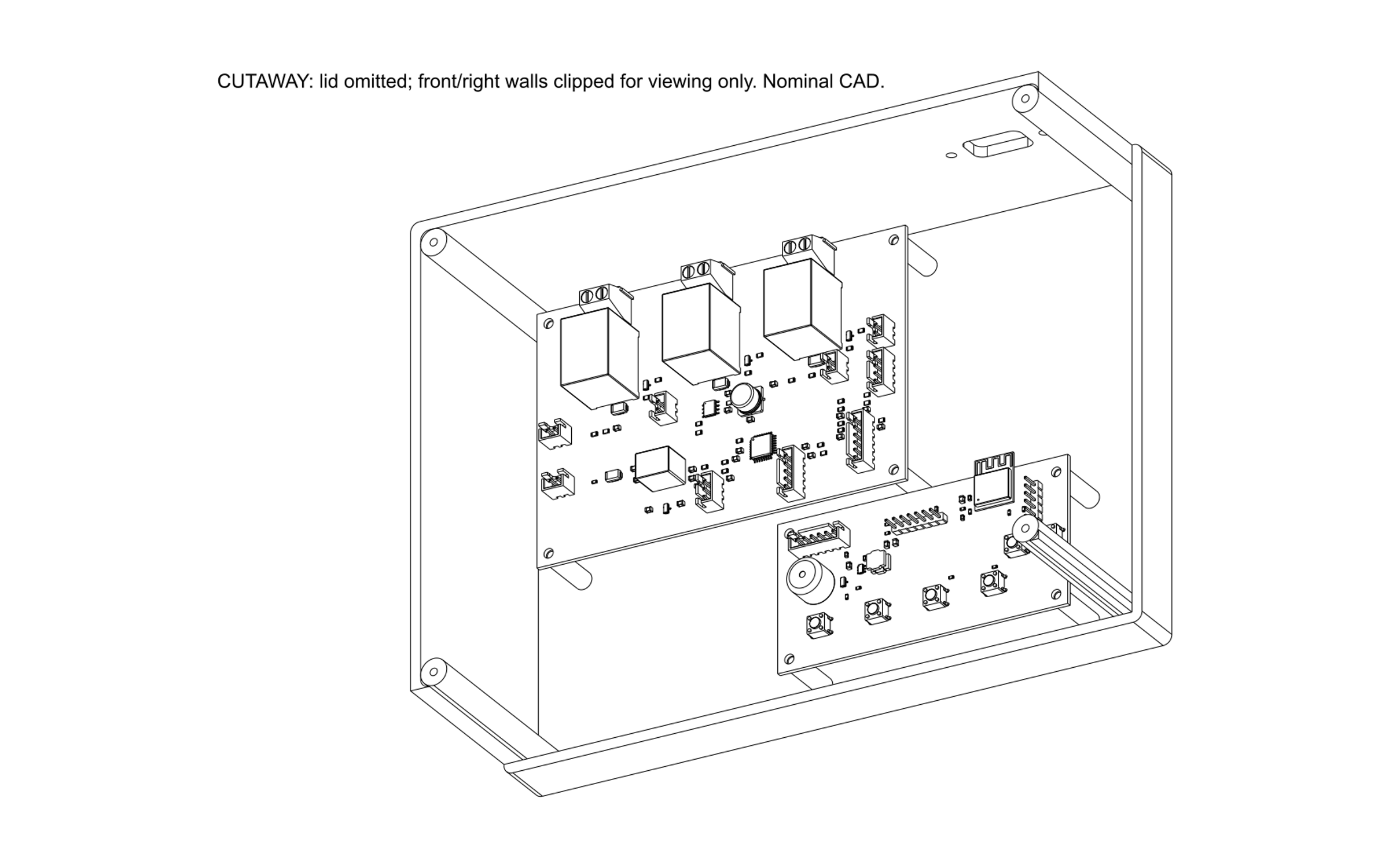 CAD cutaway of the dry electronics enclosure with board mounting positions