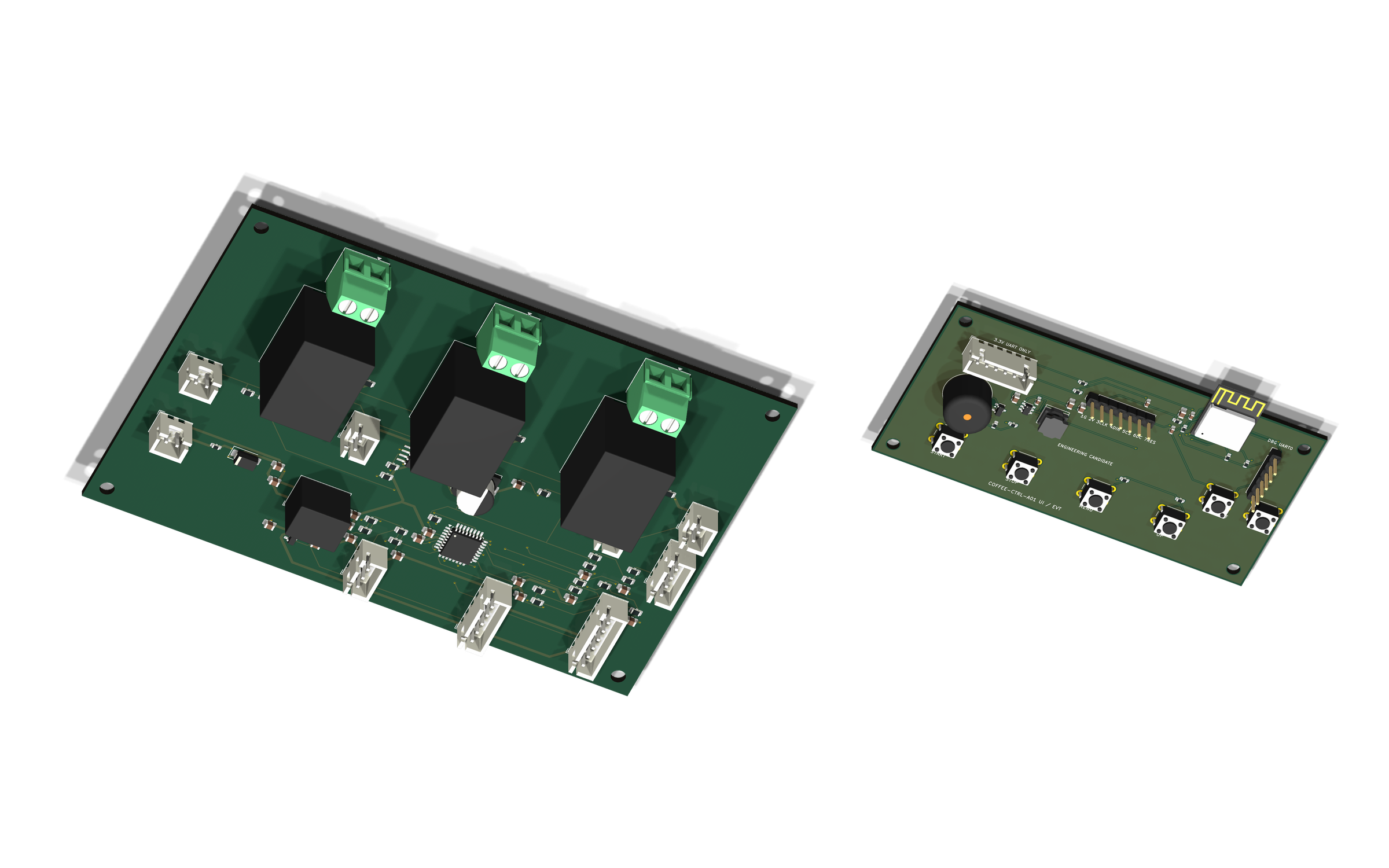 3D CAD views of the STM32 main controller and ESP32-C3 interface boards