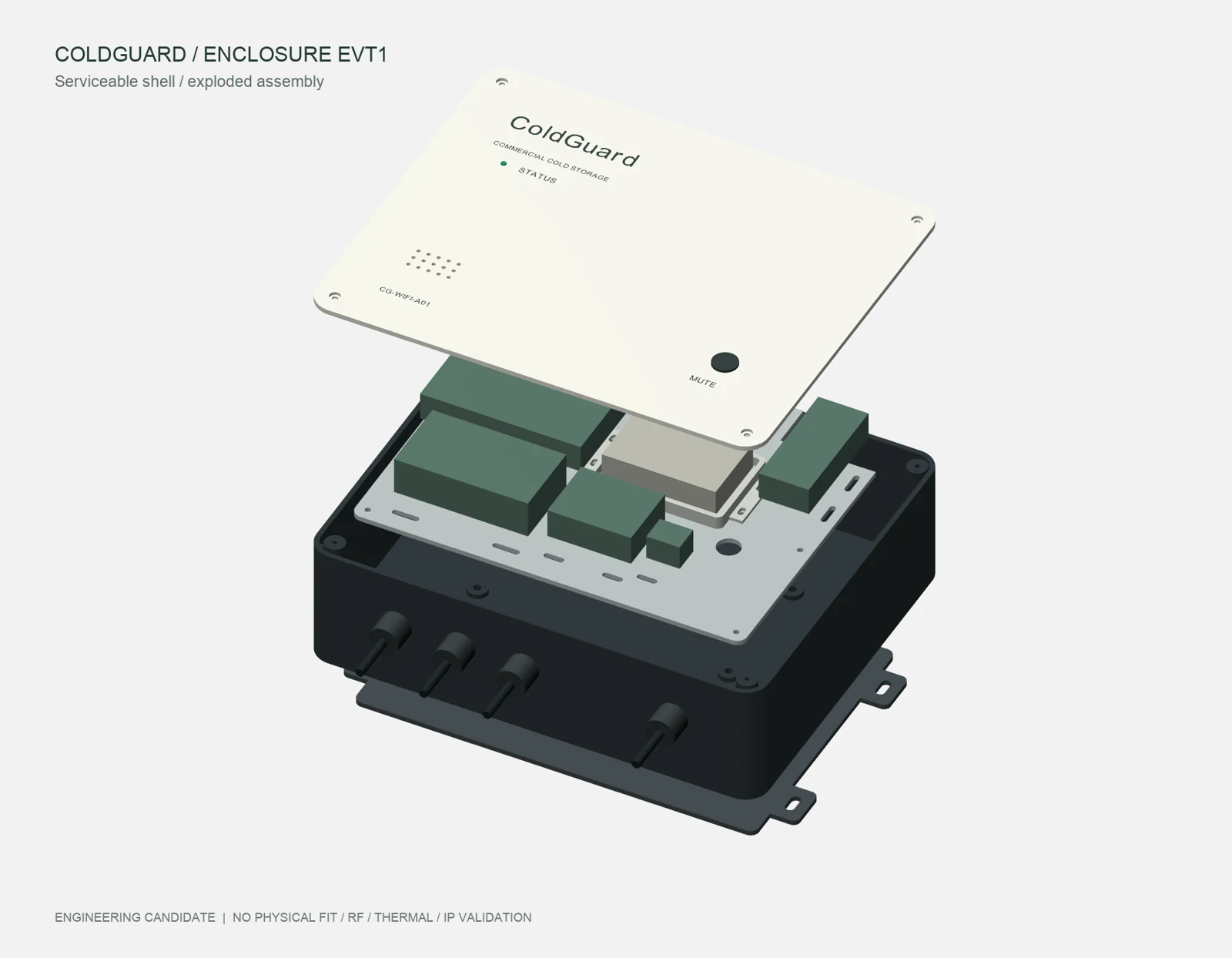 Base, lid, carrier, battery tray and wall bracket