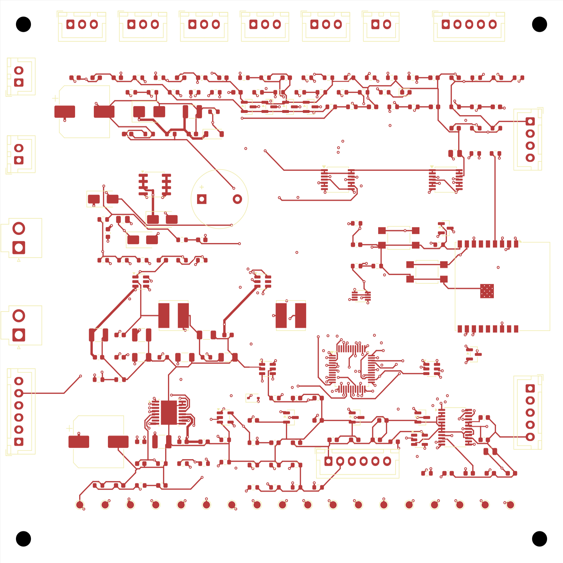 A1 KiCad PCB top-copper routing view with tracks, surface components and connector footprints