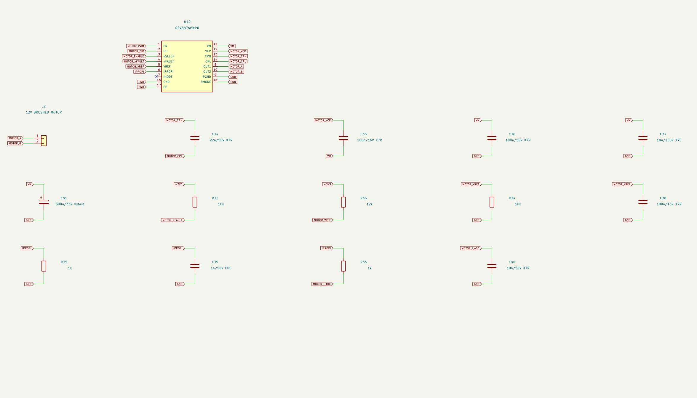 KiCad A1 motor-driver schematic detail with the DRV8876 H-bridge and 12 V brushed-motor outputs