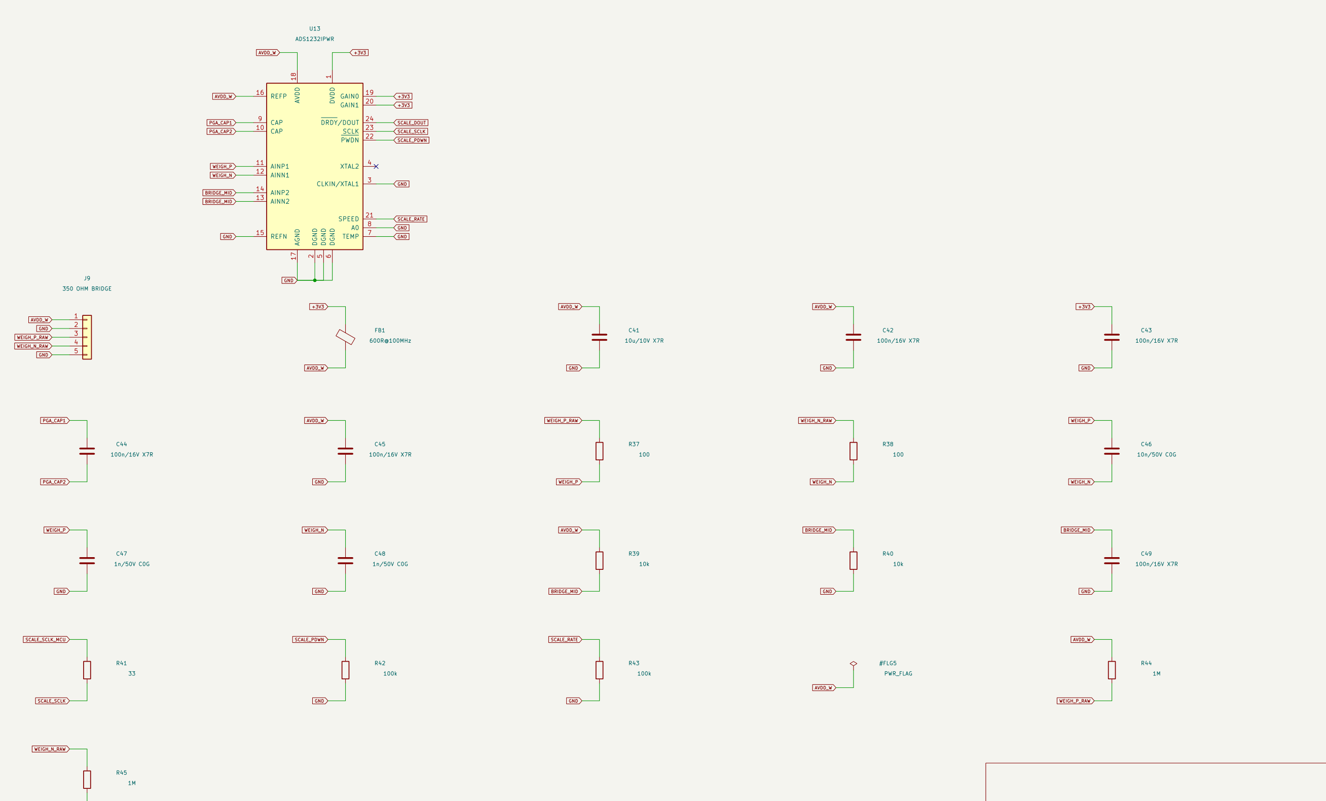 KiCad A1 weighing schematic detail with the ADS1232 24-bit ADC and load-cell bridge inputs