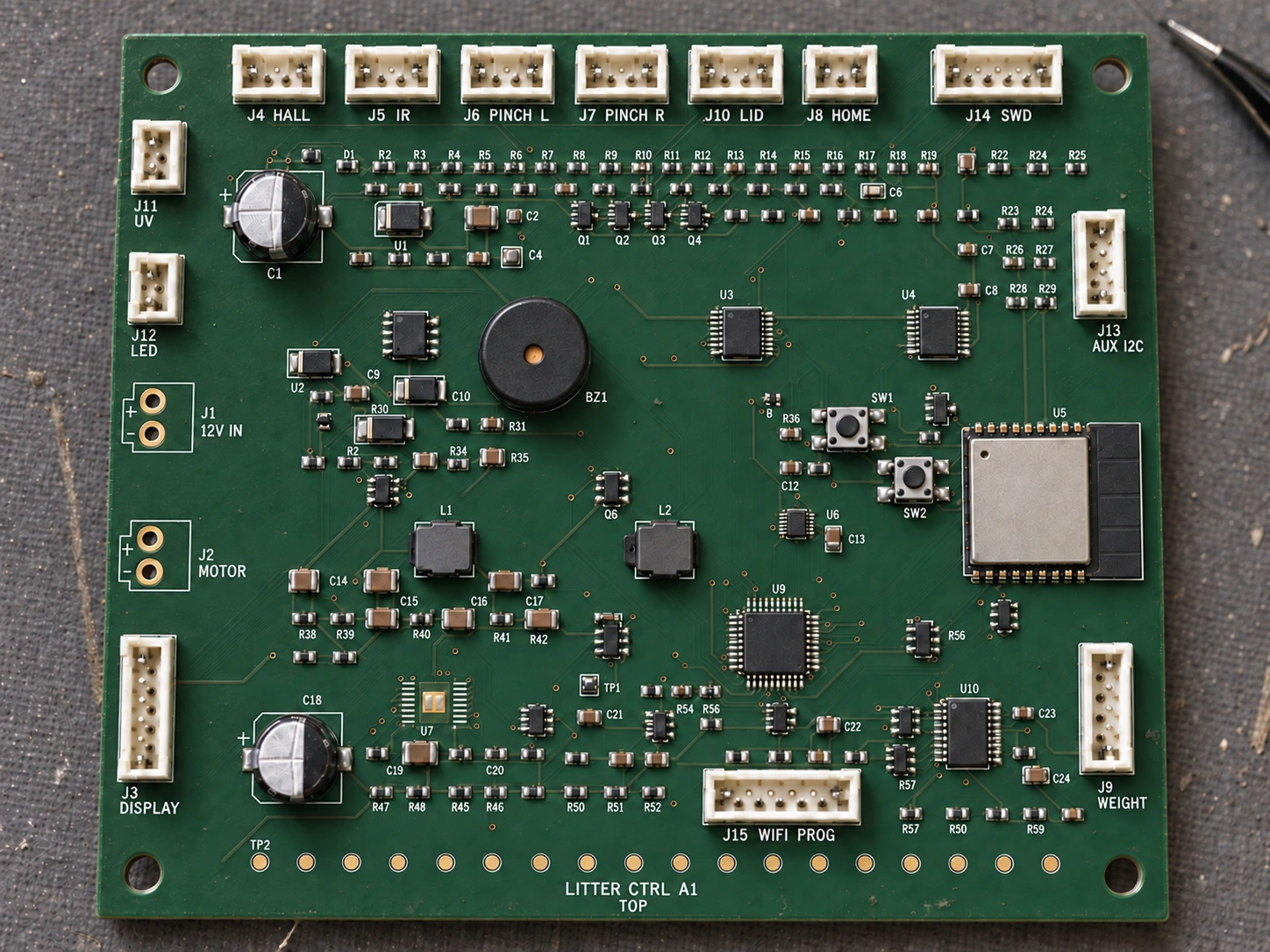 Smart litter-box controller PCB with connector labels and component reference markings