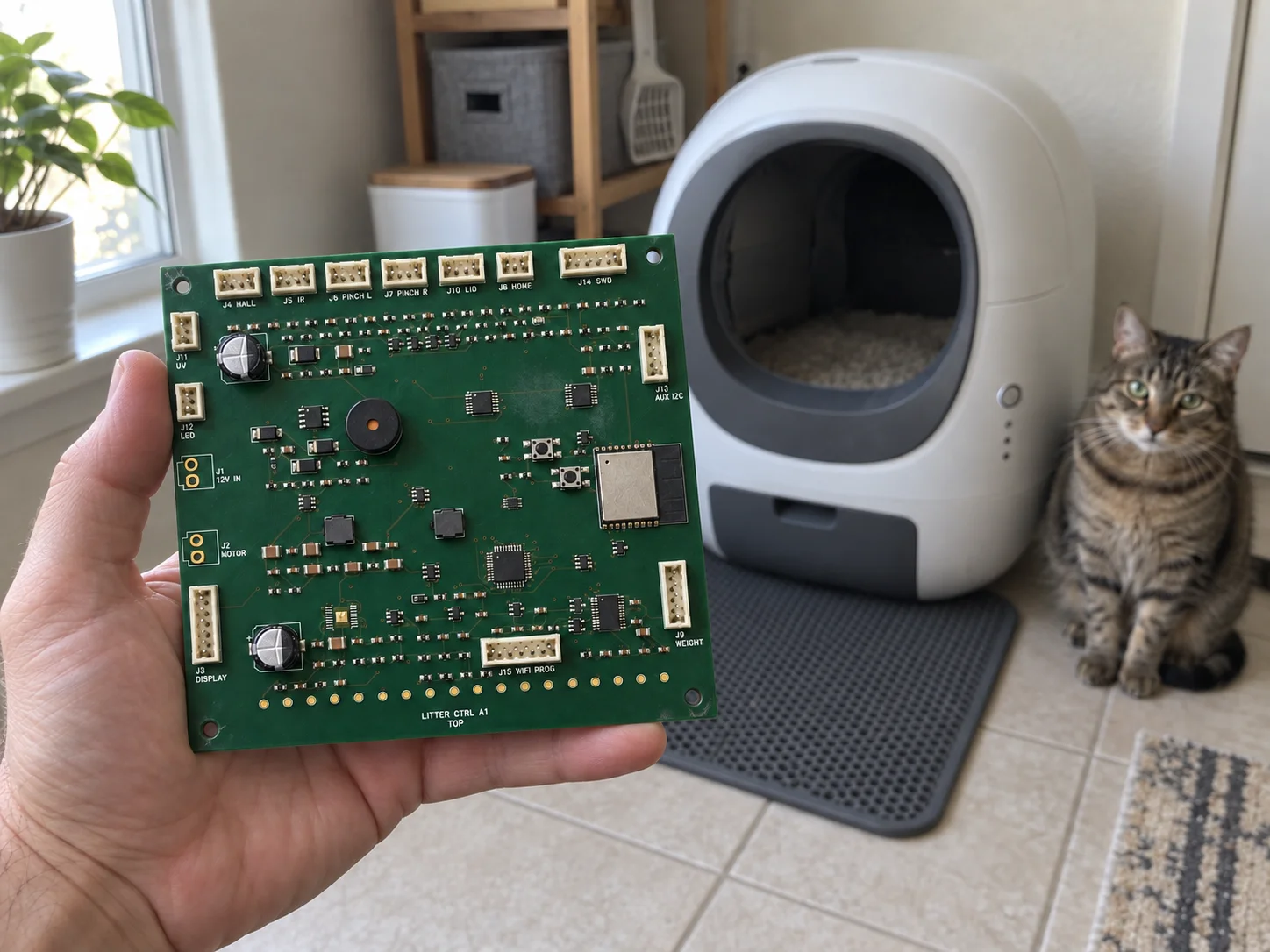 Litter-box controller board with an automatic litter box and cat