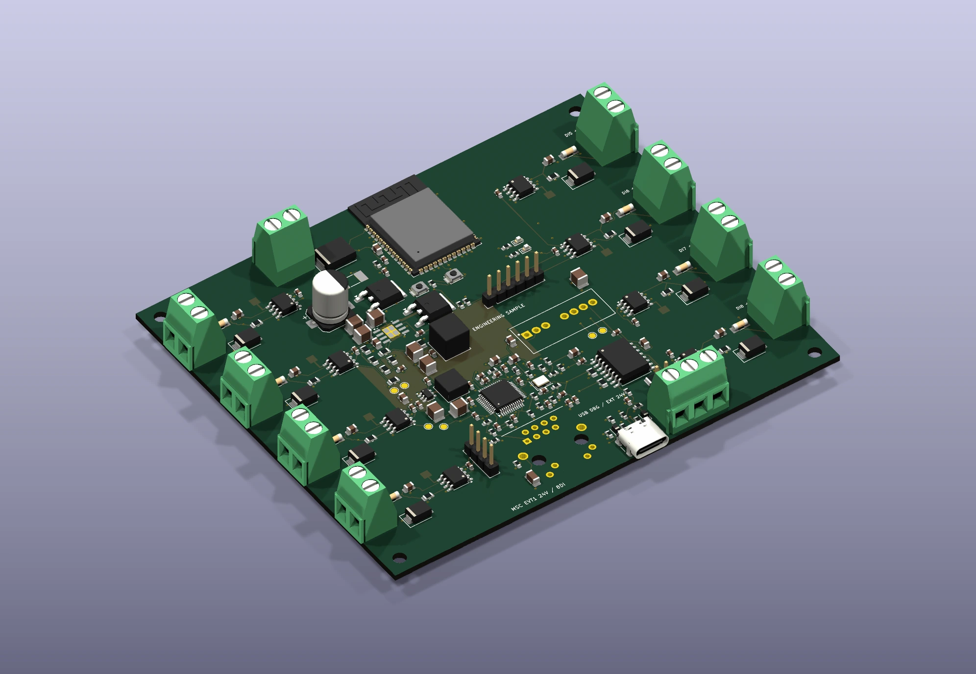 PCBA 3D rendered from the actual EVT1 PCB. CAD review; some component bodies are missing. Fabrication HOLD. Full PNG views and STEP are in the complete / hardware downloads.
