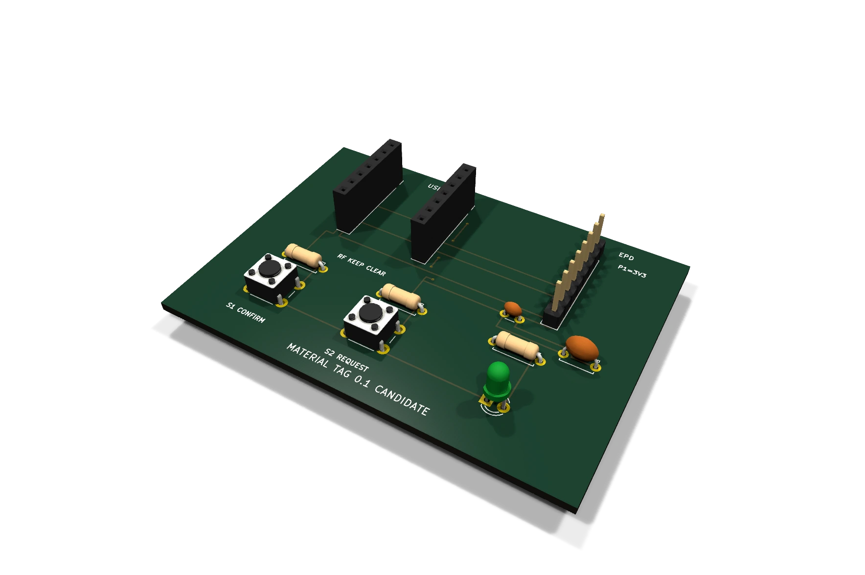Native KiCad 3D rendering: 70 × 50 mm interface carrier (Rev 0.1, in the V0.3 package). Standard component models; the external XIAO MCU and e-paper module are not shown.