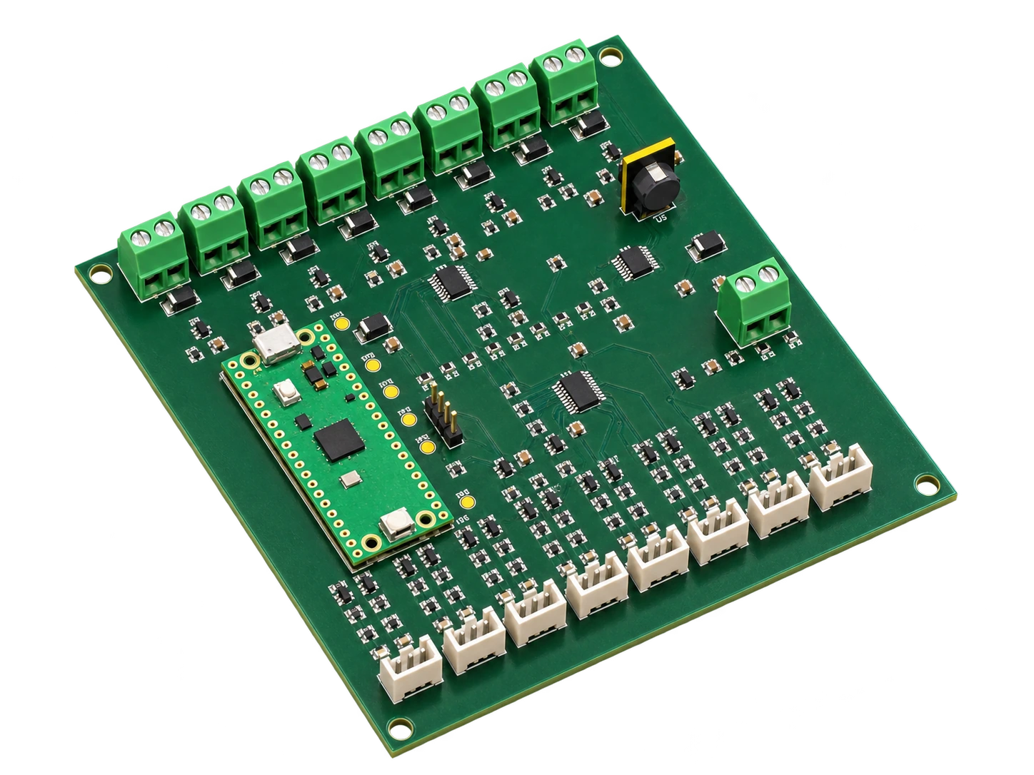 AI-generated angled product illustration of the smart cabinet controller PCBA