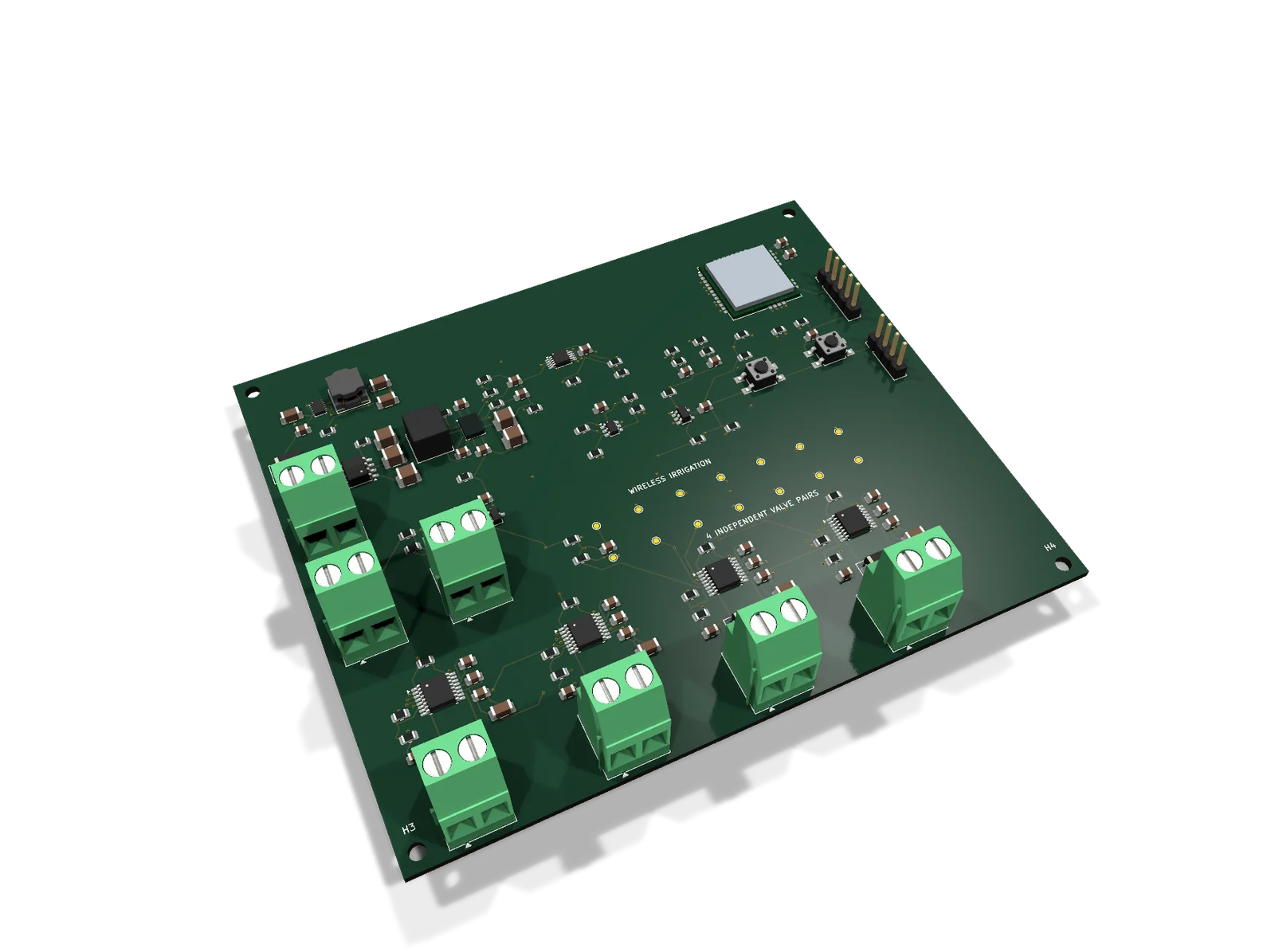 Angled CAD rendering of the four-zone wireless irrigation controller PCBA