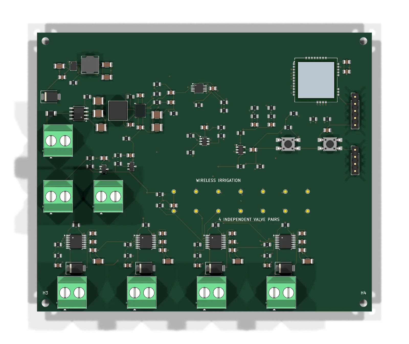 CAD top view of the four-zone wireless irrigation controller PCBA