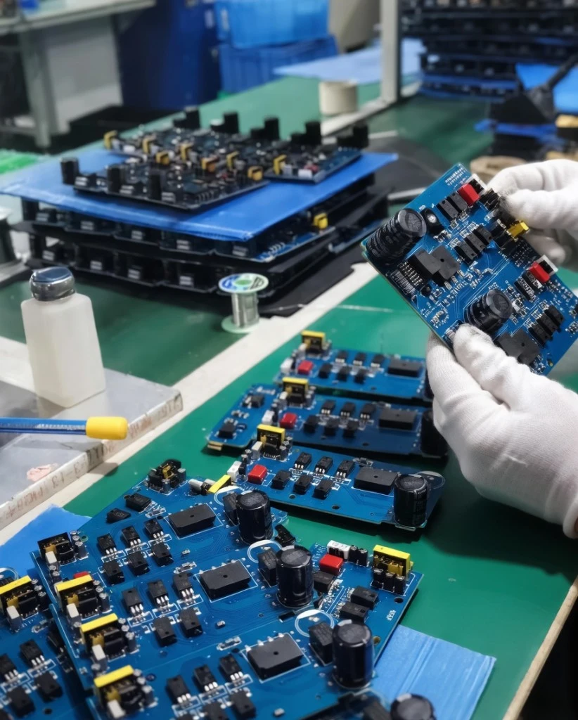 Operator visually reviewing assembled PCBA at a controlled workstation